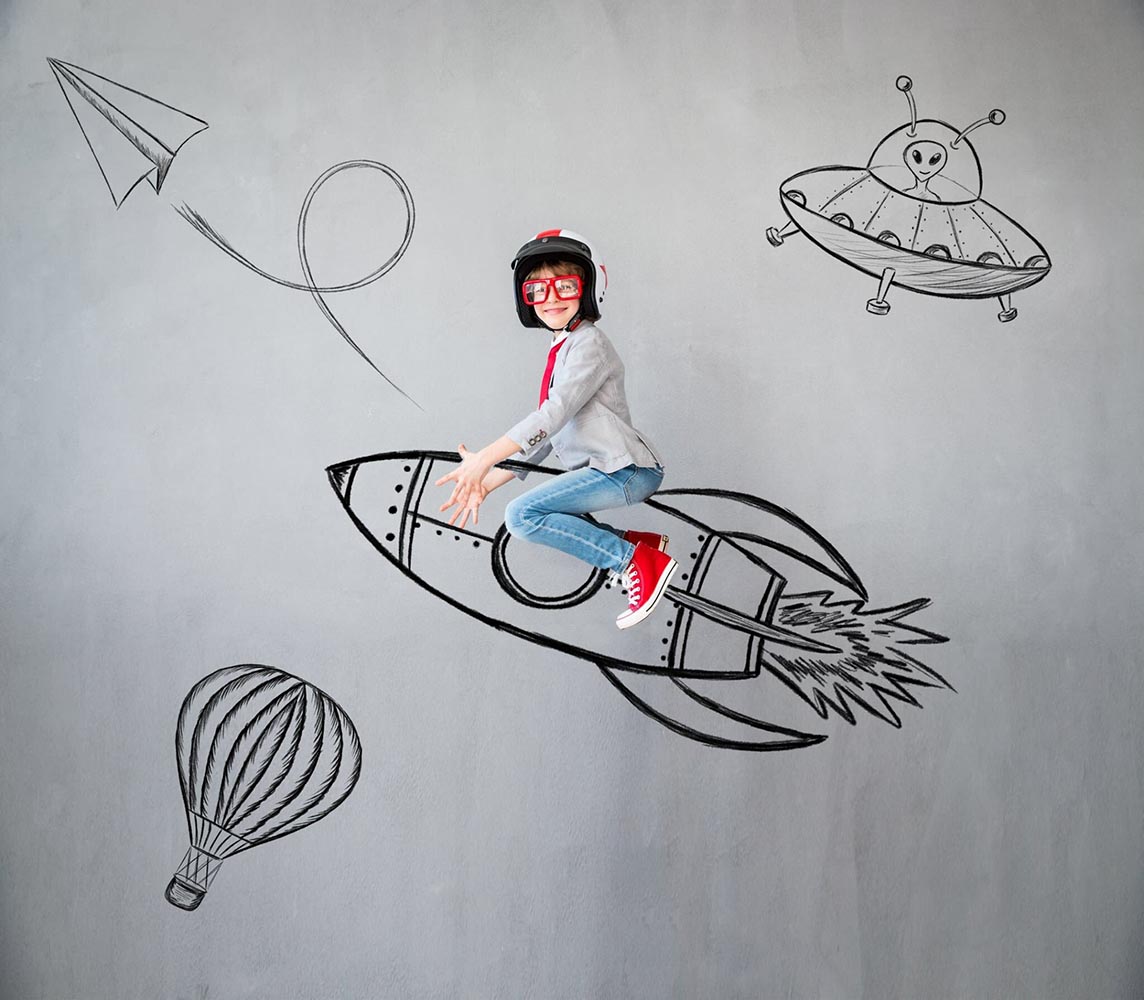 idealist child on rocket startup Child Flying to Dreams
